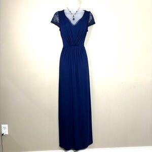 Navy Maxi Dress with Floral Lace Cap Sleeves and Back Medium